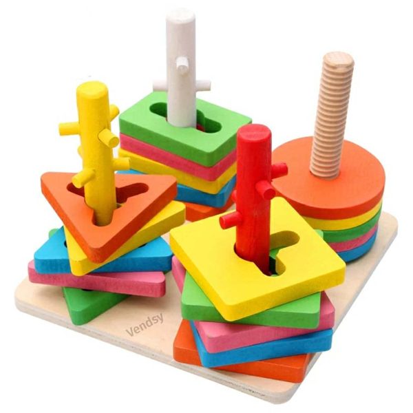 Kids Multi-colour Geometric Shape Wooden Stacking Puzzle Toy