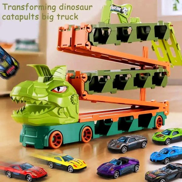 Dinosaur Truck Racing Playset - 20" Storage Truck with 6.5-Foot Foldable Racetrack &  Alloy Racing Cars